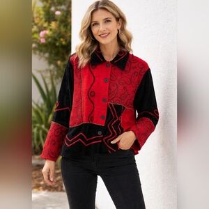 Vintage Keren Hart Red & Black Patchwork Button-Up Jacket | Sz M | Holiday State